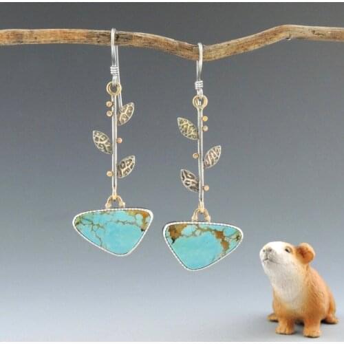 Vintage Boho Silver Turquoise Leaf Ear Dangle Two Tone Earrings Women Wedding Jewelry
