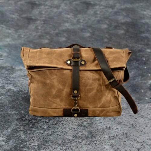 Waxed Canvas Men Business Briefcase Bag Waterproof Laptop Bag 14 Inch Shoulder Bag Vintage Messenger Bag Retro Fashion