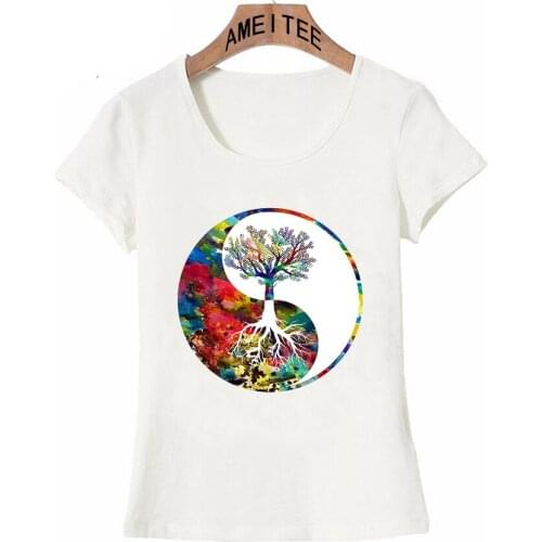 Yin Yang Tree Art Watercolor Print T Shirt Fashion Women T-Shirt Girl Colorful Casual Tees White Tops Ladies Cool Short Sleeve