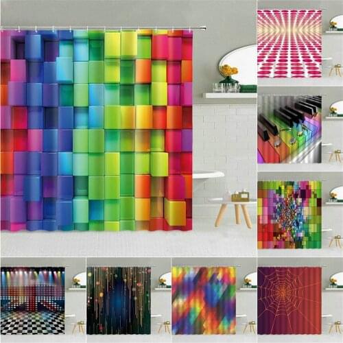 Rainbow Color 3D Geometric Pattern Shower Curtain Holiday Party Carnival Decoration Bathroom Waterproof Cloth Hooks Curtains Set