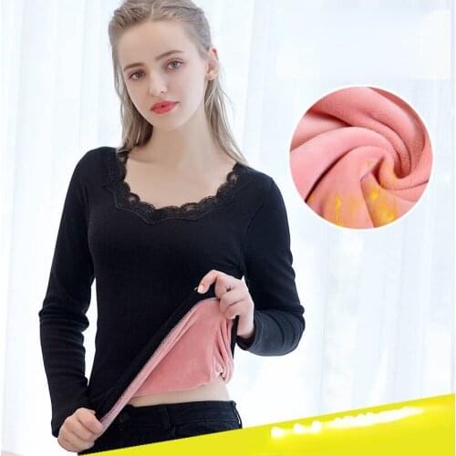 Women Autumn Winter Slim Fit T Shirt Lady Thick Thermal Underwear Top Warm Velvet T Shirts Womens Shirts Plus Size Tops X393