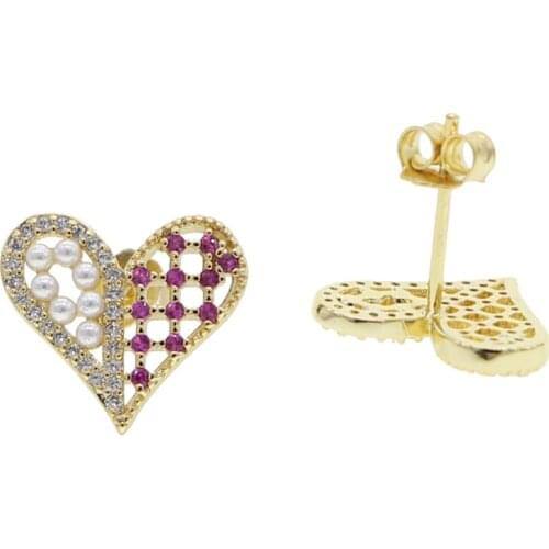 Copper Heart Women Earrings Metal white pearl with red cz Earrings For Women Party Wedding Jewelry