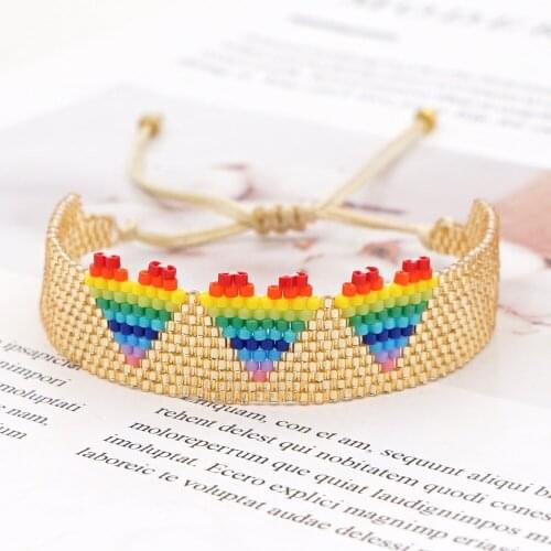 Beaded Rice Bead Weaving Handmade Jewelry Rainbow Gradient 3 Love Heart Wide Bracelet Wide Hand Bracelet Bracelets Women