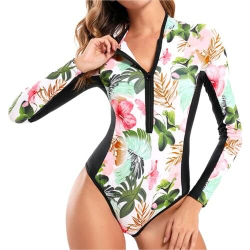 Bikinis 2021 Mujer Swimsuit Womens Conservative Floral Print Long Sleeve Zipper One Piece Swimsuit Sexy Bikini Set Biquini