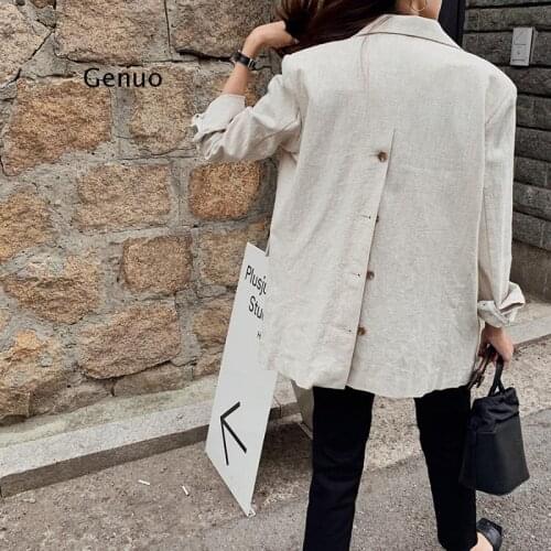 Women Autumn Cotton Linen Vintage Jacket Coat Single Breasted Back Button Split Hem Loose Suits Outwear