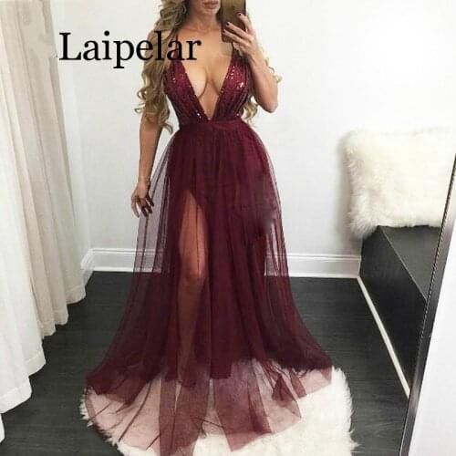 Laipelar Sequin sexy Dress Women Deep V-neck Backless Elegant Dress Vintage Club Wear A Line Casual party Dress