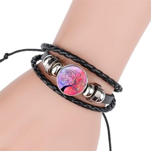 10PC/lot New Tree Of Life Bracelet Glass Dome Photo Black Pink Leather Bracelets Round Handmade Women & Men Bracelets Jewelry