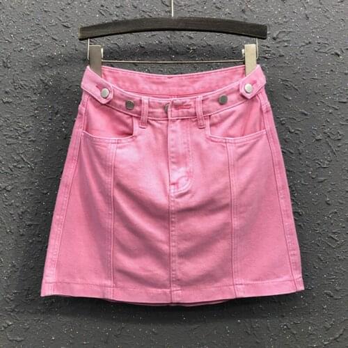 2021 Spring Summer Women High Waisted A Line Denim Blue Mim Skirt , Woman Clothes Ladies Washed Jeans Skirts