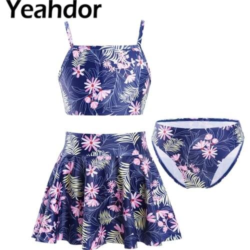 Kid Girls Swimwear Swimsuit Swimming Suit Floral Print Crop Tops with Briefs and Skirt Set Children Beach Bathing Suit Beachwear