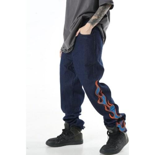 Tide Baggy Jeans Hip Hop Flame Embroidered Mens Jean High street popular Straight Denim Trousers Streetwear Cowboy men clothing