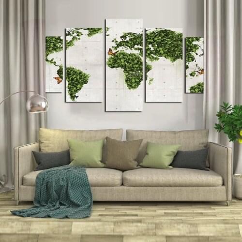 Modern 5 Panel Green Forest Butterfly World Map Landscape HD Poster Canvas Painting Wall Art Print For Living Room Home Decorati