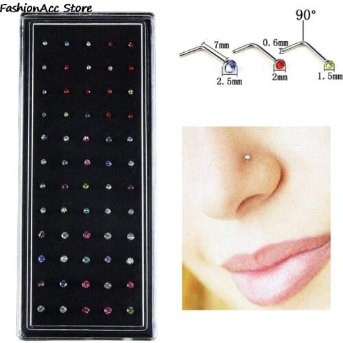 60 Pieces/pack L Sheap Stainless Steel Crystal Nose Ring Set Women Girl Surgical Steel Nose Piercing Nose Stud Lot Body Jewelry