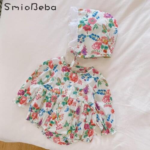 Baby Girls Big Flower Romper With Hats Newborn 2021 Spring Idyllic Long Sleeve Jumpsuit Colorful Korean Ubranka Dla Niemowlat