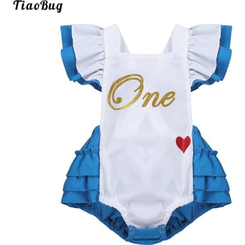 TiaoBug Summer Infant Baby Girls Flutter Sleeves Letter One Sweet-Heart Pattern Print Romper For Carnival Cosplay Party Costume