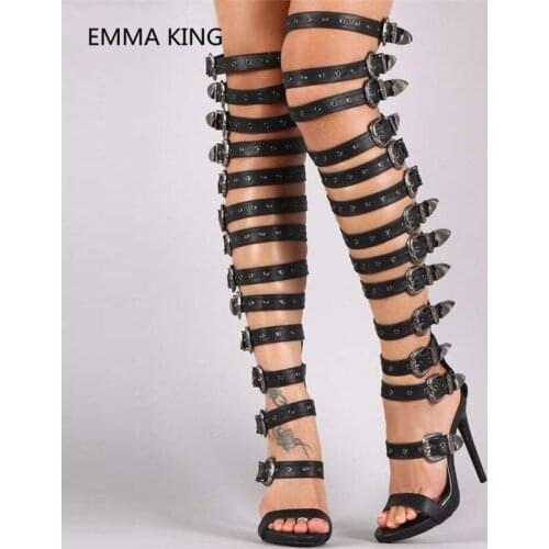 Bronze Buckle Strap Over The Knee Summer Boots Women Sexy High Heels Party Shoes Woman Thigh High Gladiator Sandals Punk Boots