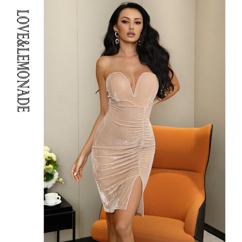 LOVE&LEMONADE Sexy Nude Deep V-Neck Velvet Material Bodycon Over The Knee Party Dress LM1167