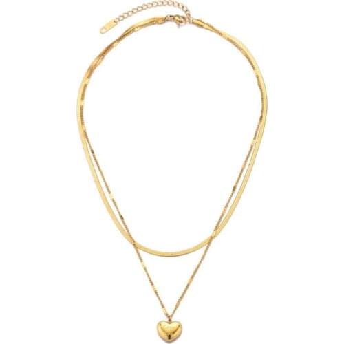 316L Stainless Steel Heart Carving love you 2 Layer Charms Choker Snake Bone Chain Necklace For Women Fashion Trend Jewelry