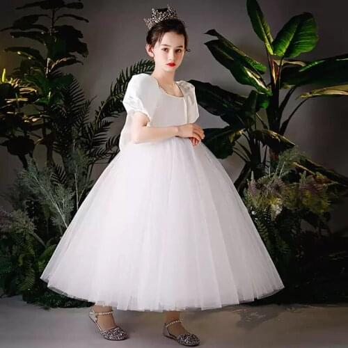 Flower Girl Dresses Short Illusion Sequare Collar Pearls Bow Princess Floor-Length Tulle Lace Luxury White Kids Party Gown H418