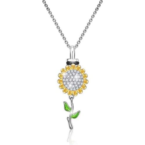 Sunflower Ashes Pendant Necklace Memorial Urn Pendant Openable Rhinestone Necklace Ash Case Holder Letter "Remember In My Heart"