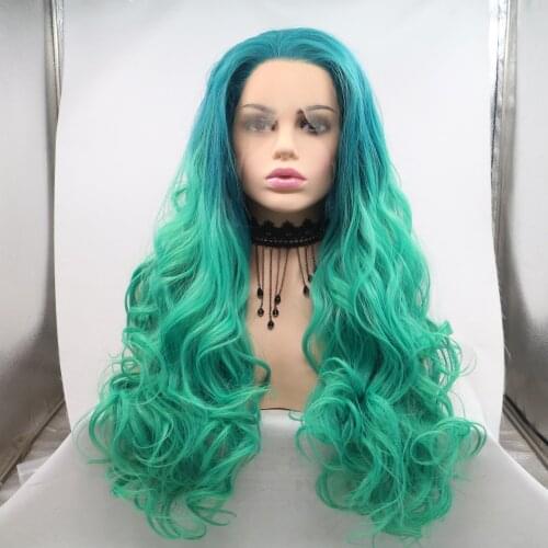 Baicheng Ombre Light Green Wave Straight Lace Front Synthetic Wig Dark Green For Black Women With Baby Hair Middle Part
