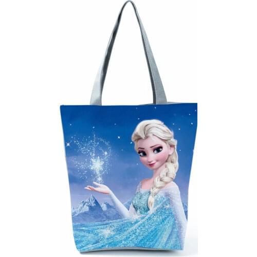 Frozen Elsa Printed Handbag Travel Women Large Capacity Reusable Shopping Bag Girl Art Blue Beach Shoulder Bag Custom Pattern