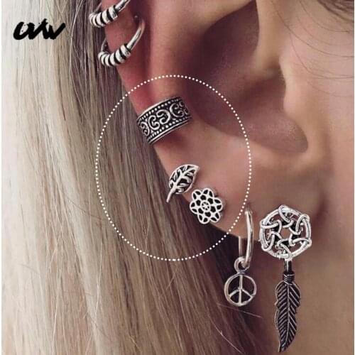 2pc Vintage 316L Steel Ear Cuff Boho Cartilage Earrings Studs Leaf Lobe Tragus Helix Piercing Jewelrys for Women UVW264