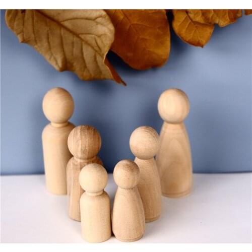 Nordic 6Pc Natural Wooden Peg Dolls People Peg Dolls Wooden Small Family DIY Crafts Cake Topper Kids Printed Party Wedding Decor