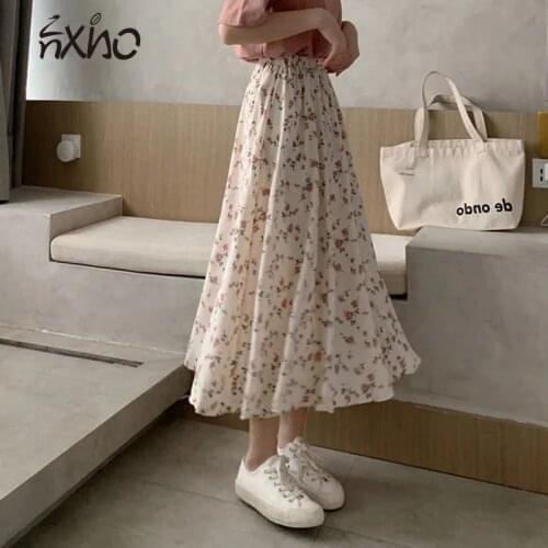 Womens summer skirts Retro floral Pleated elastic Vintage skirt High waist casual Summer skirt Mid-length Skirt women Fairy
