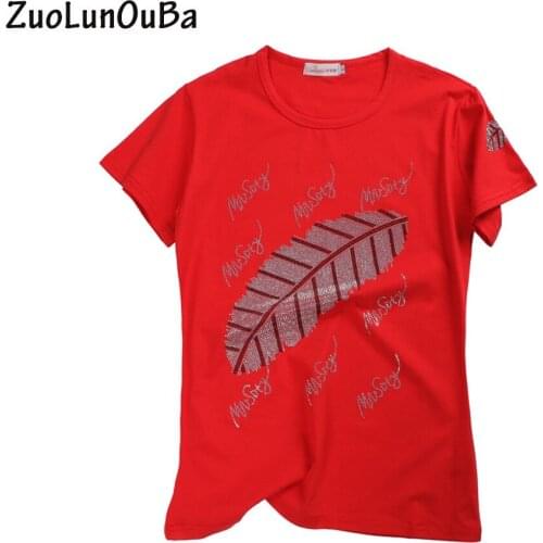 ZuoLunOuBa Summer Fashion Women Hot Rhinestone Leaf T Shirt Red Short Sleeve Round Neck Plus size Tees Tops