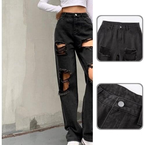 Skin-friendly Cool Button Closure High Waist Ripped Jeans Button Closure Women Jeans Irregular for Dating