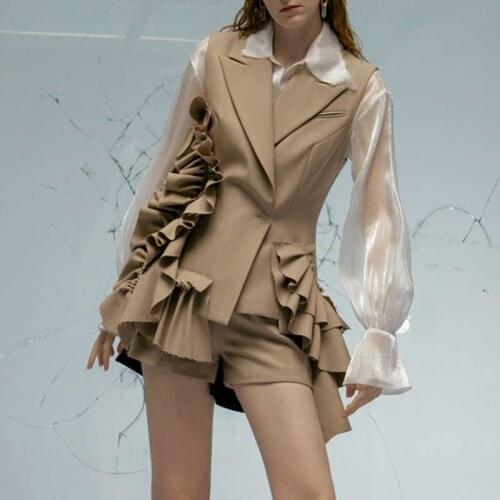 Wenfly Women Suit Patchwork Ruffle Ruched Sleeveless Single Button Blazer Wide Leg Shorts Pants Casual Two Piece Set Female