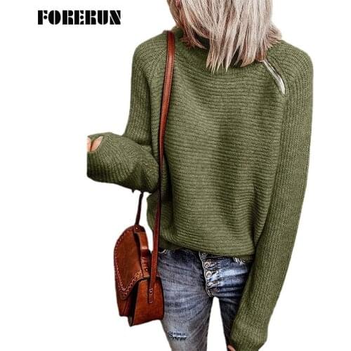 FORERUN Turtleneck Pullover Women Neck Zipper Solid Oversized Knitted Green Sweater Long Sleeve Fall Winter Mujer Jumper Female
