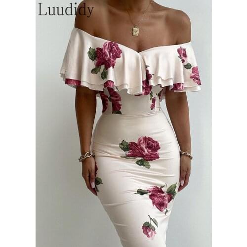 Women Floral Print Off Shoulder Ruffles Skinny Bodycon Dress