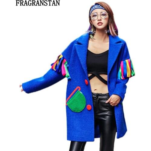 Women Autumn Winter Thick Warm Blue Woolen Coat Fashion Tassel Pockets Parkas Female New Plus Size Personality Wool Jacket JQ493