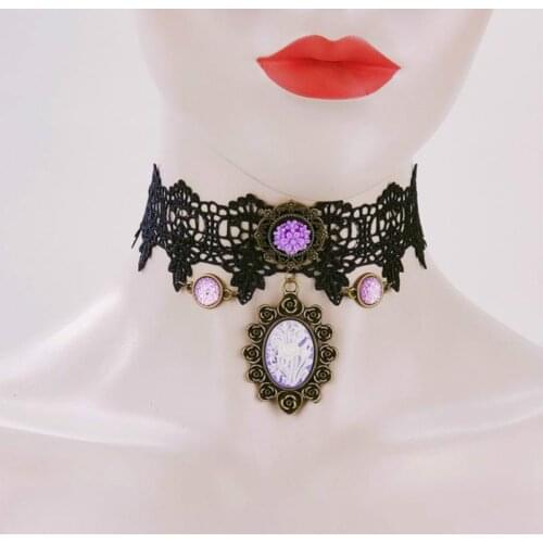 Necklace Lady Necklace Retro Black Lace Purple Flower Female Necklace Japan and South Korea Clavicle Chain Halloween Accessories