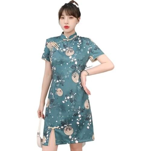 Bebovizi M-3XL 2021 New Green Summer Fashion Slim Modern Cheongsam Dress Women Short Sleeve Qipao Traditional Chinese Clothes