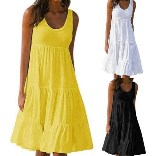 Dresses for women 2021 Casual Summer Sleeveless Women Dress Solid Color Thin Splicing Large Hem O Neck Midi Dress Streetwear