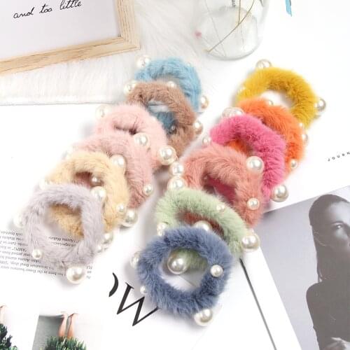 Pack of 2 Fashion Women Girls Faux Mink Fur PearlElastic Hair band Winter Candy Color Hair Scrunchies Macaron Sweet Hair Tie