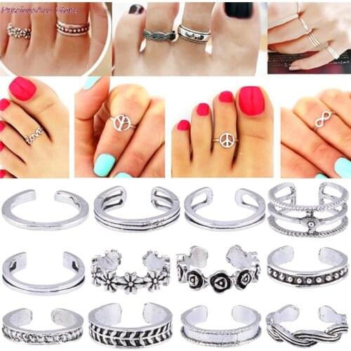 2021 Hot 12Pcs/Set Jewelry Trendy Wholesale Mix Celebrity Simple Fashion Retro Carved Flower Adjustable Toe Ring Foot for Women