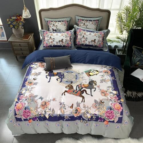 Vintage Flowers Horse printed Bright Color Bedding Set 100%Egyptian Cotton Soft Duvet Cover Bed Sheet Set King Queen Size 4 Pcs