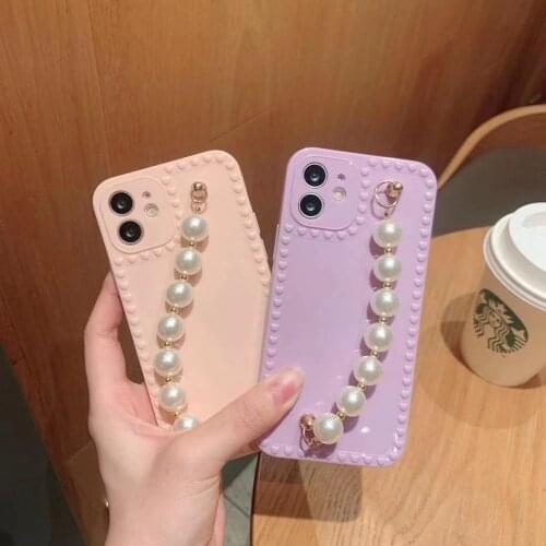 Glitter Pearl Chain Wristband Phone Case for iPhone 11 12 Mini Pro Max XS Max X XR 7 8 Plus Cute Love Heart Soft Tpu Case