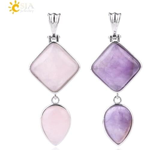 CSJA Natural Stones Pendant Crystal Square Water Drop Quartz Lapis Lazuli Geometric Pendants for Necklaces Women Jewelry F814