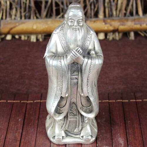 China Old Feng Shui Home Ornaments Tibet Silver Confucius Statue Statue Home Decoration Accessory