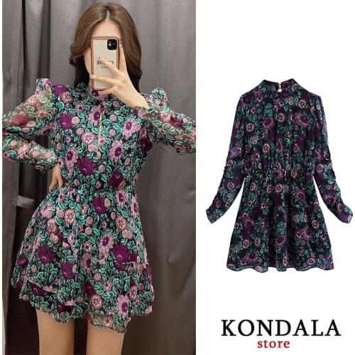 KONDALA Women Dress Za 2020 Vintage Floarl Print Short Party Dress Long Sleeve Chiffon Mini Dress Female Elegant Mujer Vesitods