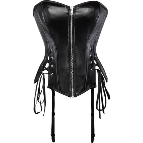 Steampunk Women Overbust Corset Sexy Black Pu Leather Bustier Top Fashion Front Zipper Lady Body Shaper Slimming Waist Cincher