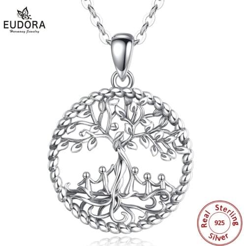 EUDORA Sterling Silver Tree Of life Pendant Silver Family tree Necklace with baby child Fine Jewelry for Women Happy family of 5