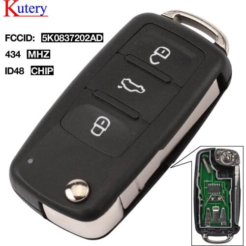 Kutery 3BTN 5K0837202AD Remote Flip key 434MHz ID48 Chip for VW Volkswagen GOLF PASSAT Tiguan Polo Jetta Beetle Car Keyless