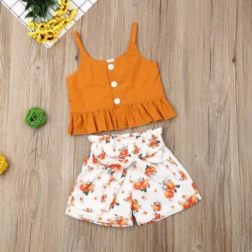 Lovely Toddler Kid Baby Girl Floral Shorts Pants + Sling Sleeveless Ruffles Tops 2pcs Outfits Clothes Summer Childrens Clothing