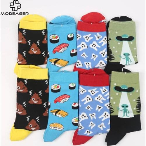 Modeager Brand Cartoon Funny Food Pizza Hamburger Sushi Alien Cotton Men Socks Colorful Novelty Hip hop Skate Socks for Men