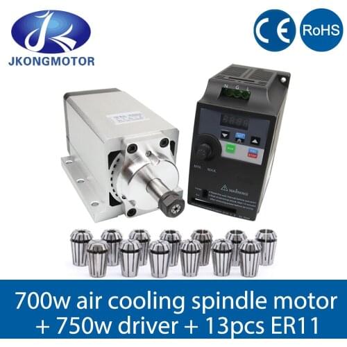 Jkongmotor 0.7kw Air-Cooled Spindle Motor Kit 0.55N.m 700w Air Cooling Brushless DC Spindle Motor + 750w Inverter + 13pcs ER11